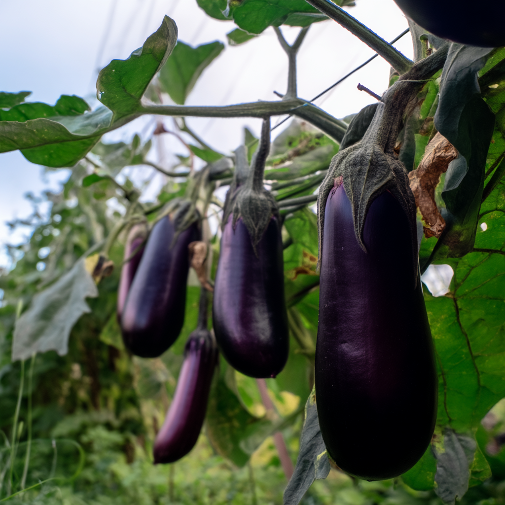 Une photo rapprochée d'aubergines poussant dans leur habitat naturel
