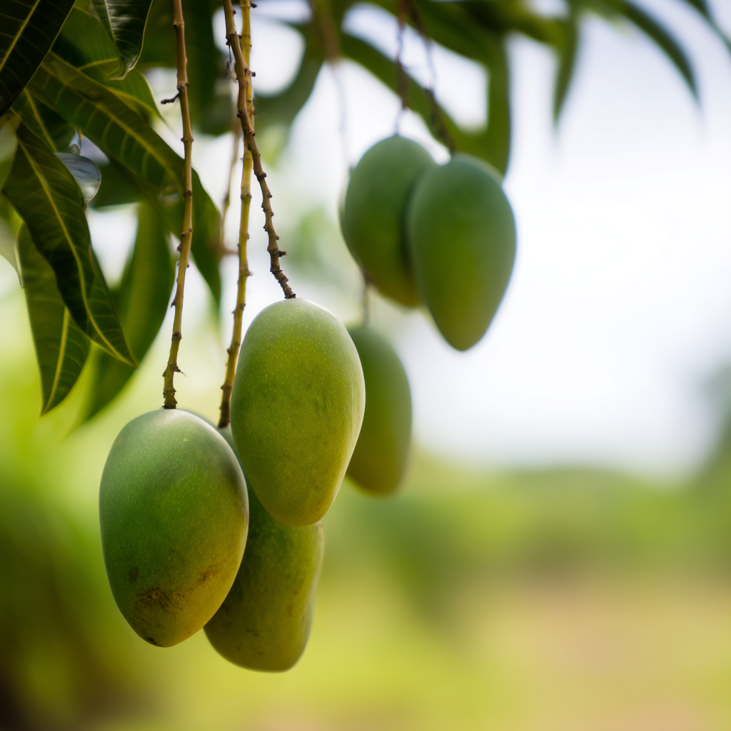 Une photo rapprochée de mangues poussant dans leur habitat naturel
