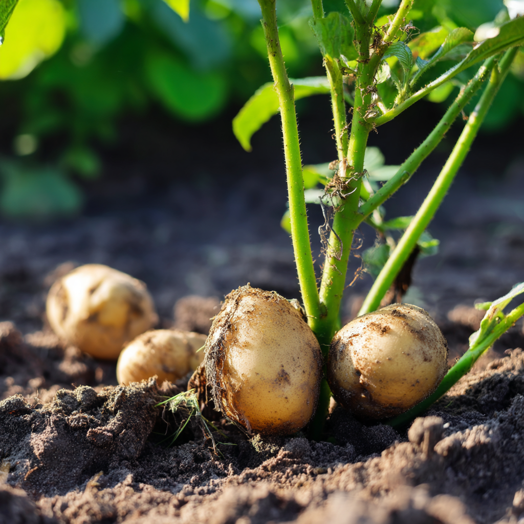 Une photo rapprochée de pommes de terre poussant dans leur habitat naturel