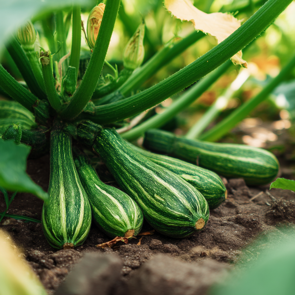 Une photo rapprochée de courgettes poussant dans leur habitat naturel