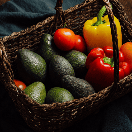 A close photo of a basket of fruit vegetables