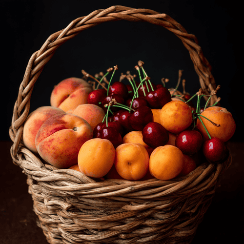A close photo of a basket of fruits and vegetables